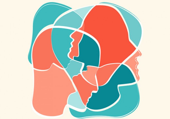 Illustration of multiple heads of women in orange and teal