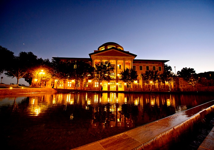 Soka Founders Hall lighted up in the evening