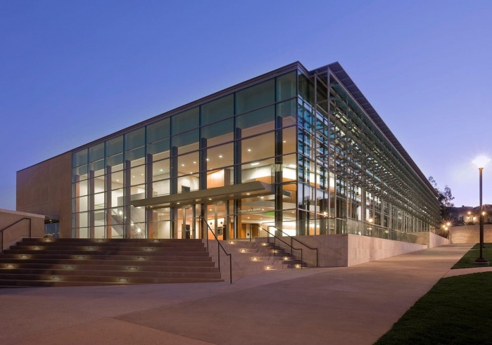 Exterior of Soka Performing Arts Center at night