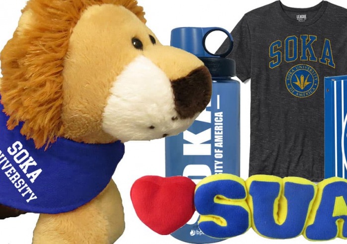 Variety of merchandise available at SUA bookstore, including a stuffed lion, water bottle and t shirt
