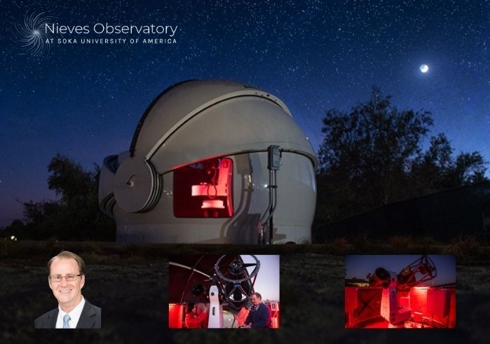 Image of dark, starry night sky with observatory. smaller images of dr bryan penprase and the telescope