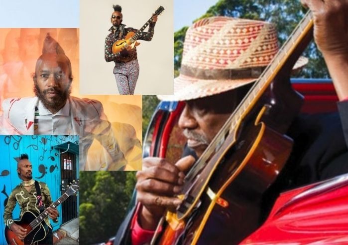 Three images of Fantastic Negrito and one of Tah Mahal playing guitar