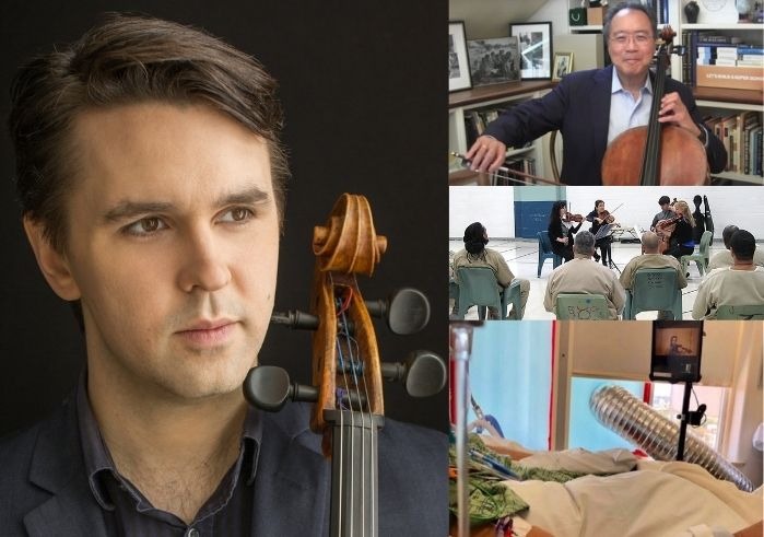 Photo Collage: Andrew Janss; Yo-Yo Ma; a person in hospital bed; 