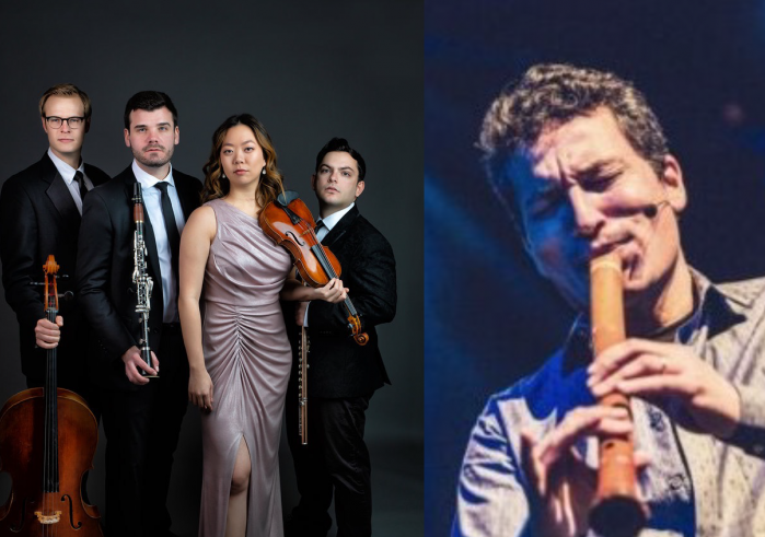 Small ensemble of musicians next to a man playing the shakuhachi