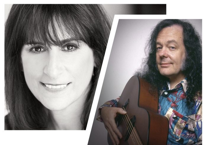 Face of woman with dark hair and man with long dark hair holding a guitar