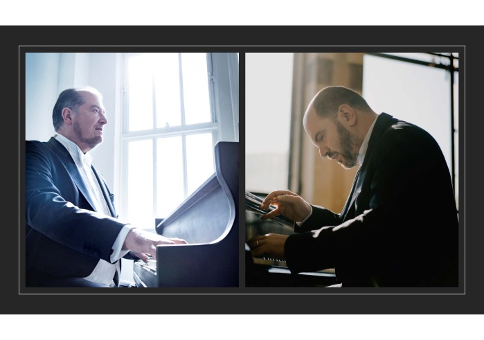 Two pianists sitting at separate pianos