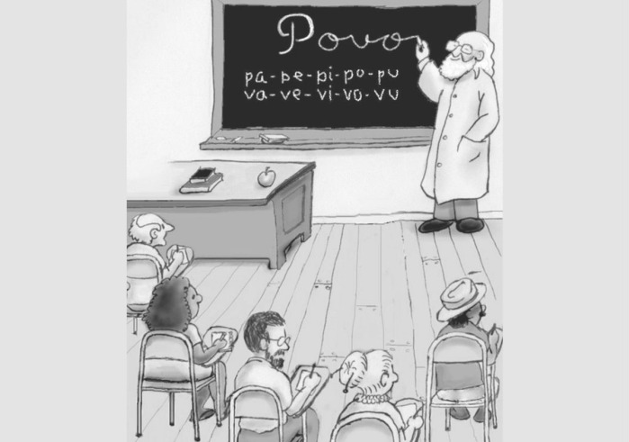 A cartoon depicting Paulo Friere standing at a chalkboard