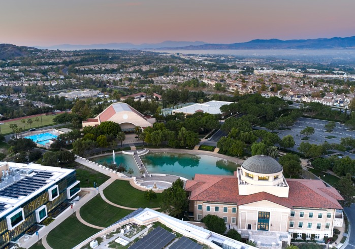 Aerial view of Soka University of America's campus at sunset