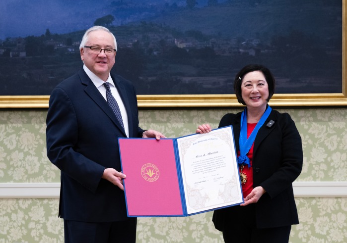 Soka President Ed Feasel presents Orange County Supervisor Lisa Bartlett with SUA’s Highest Award of Honor