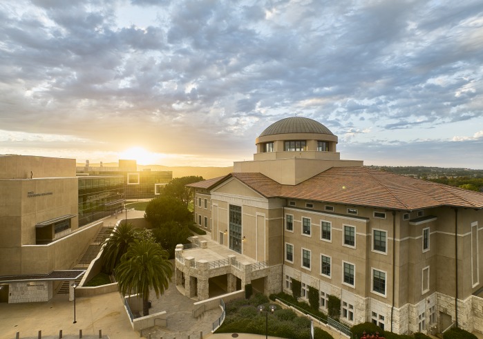 Aerial photo of exterior of Founders Hall and the Performing Arts Center on SUA's campus