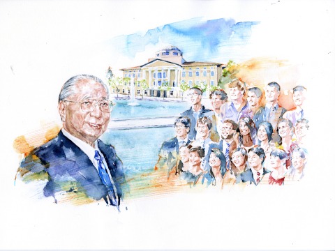 Watercolor art of Daisaku Ikeda in front of Peace Lake and Founders Hall with a group of students at his side