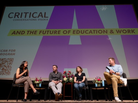 Jihii Jolly interviews a panel including Hilary Mason, Casey Newton and Kevin Roose during a Critical Conversations event at SUA.