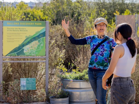 Deike Peters speaks to a student during a field trip to Ballona Discovery Park.