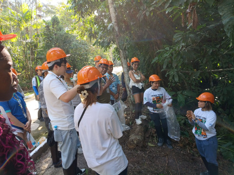 Members of the Amazon rainforest study tour wear orange hard hats and stand beneath tall trees while they learn about the rainforest.
