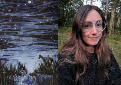 painting of a starry night and portrait of Nina Boutin