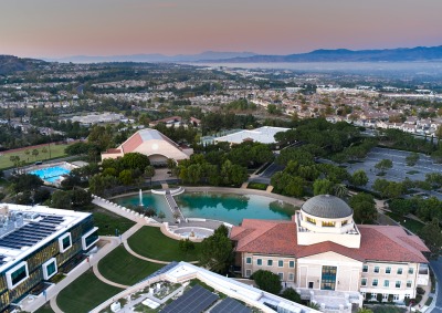 Aerial view of Soka University of America's campus at sunset