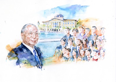 Watercolor art of Daisaku Ikeda in front of Peace Lake and Founders Hall with a group of students at his side