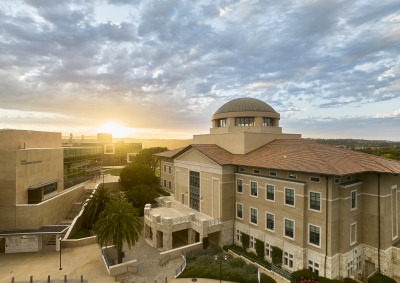 Aerial photo of exterior of Founders Hall and the Performing Arts Center on SUA's campus