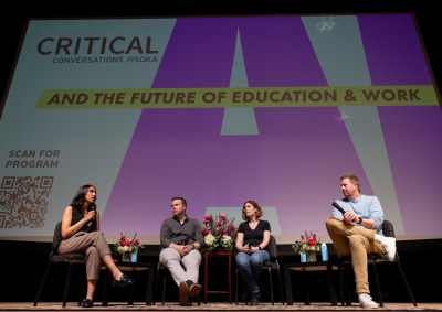 Jihii Jolly interviews a panel including Hilary Mason, Casey Newton and Kevin Roose during a Critical Conversations event at SUA.