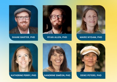 Composite image of the 6 featured professors, Shane Barter, Ryan Allen, Marie Nydam, Katherine Perry, Sandrine Siméon, and Deike Peters
