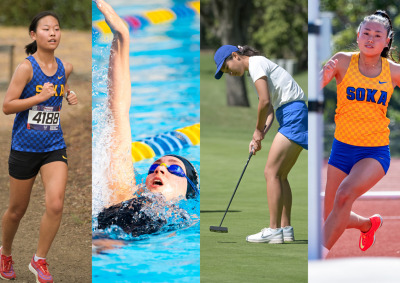 Composite image of a female cross country runner racing along a dirt trail, a swimmer doing backstroke, a female golfer putting, and a female track athlete mid-stride..