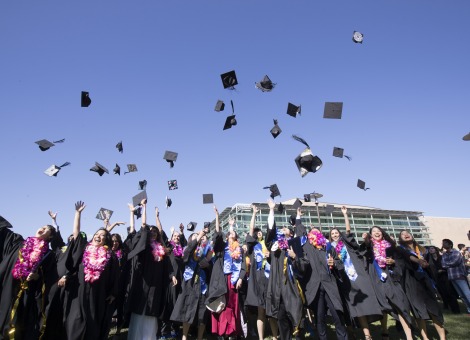 Image of students throwing graduation caps.