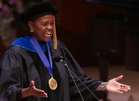 Wanjira Mathai addresses the audience during the 2023 Commencement Ceremony