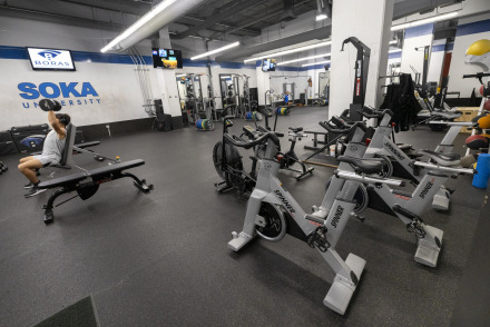 A person is sitting on a fitness bench lifting weights in a weight room.
