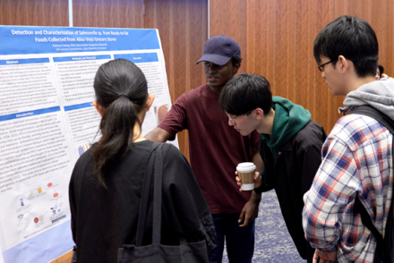 Three students look and listen to a fellow student presenting their summer research project on a posterboard.