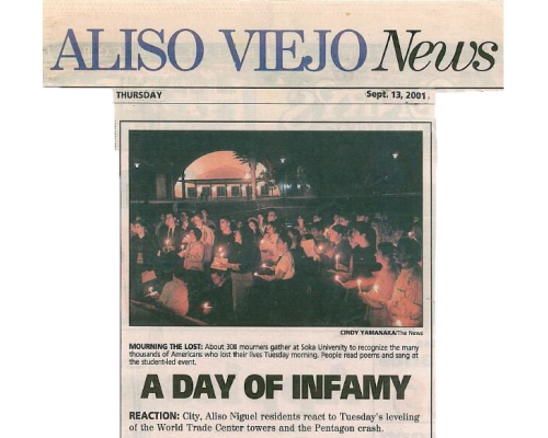 Newspaper clip of the 9-11 vigil at Peace Lake