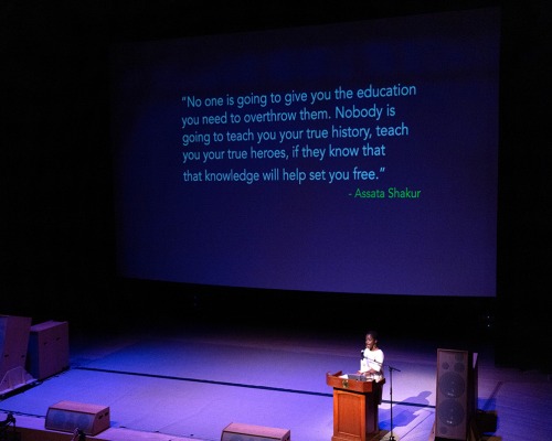 Presenter, screen and stage during conference